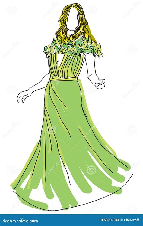 Drawn Woman In Green Dress Stock Vector Illustration Of Dress 58707844