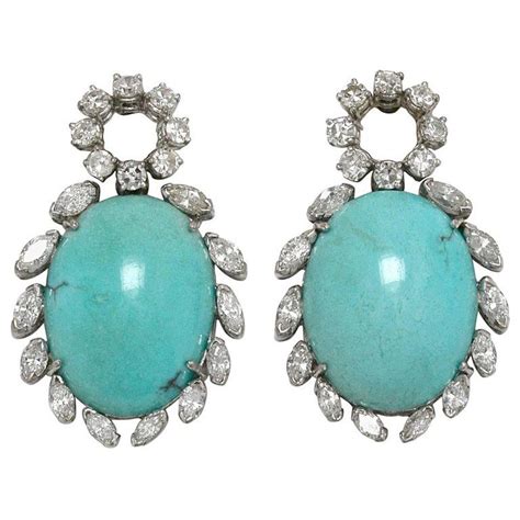 Persian Turquoise Diamond Halo 1970s 18K White Gold Dangle Earrings