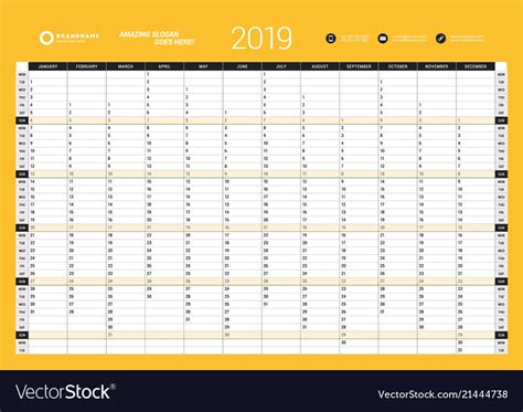 All annual calendar are designed with holidays and notes space so that it can be used as calendar planner document. Yearly wall calendar planner template for 2019 Vector Image