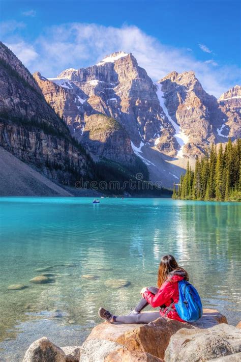 Girl On Moraine Lake In The Canadian Rockies Of Banff National Park