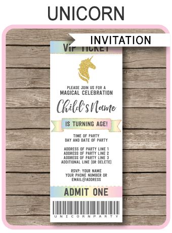 unicorn party ticket invitations template unicorn theme