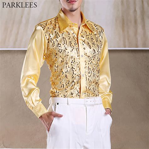 Shiny Gold Sequin Glitter Long Sleeve Shirt Men 2019 New Fashion