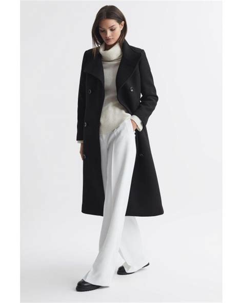 Reiss Blair Black Wool Blend Double Breasted Long Coat In White Lyst