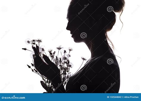 Retrato Da Silhueta De Uma Menina Com Um Ramalhete De Flores Secas Perfil Da Cara De Uma Jovem