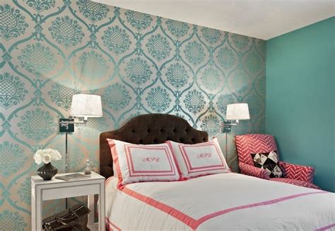 Gorgeous Girls Room Features Accent Wall Clad In Teal Damask Wallpaper