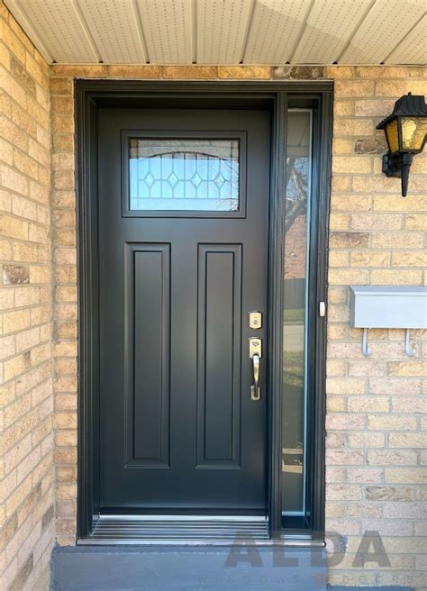 Black Front Door With Glass Insert And Sidelight Steel Door