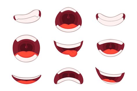 Cartoon mouth set vector shock shouting smiling anger expressive emotions flat illustration. Vector illustrations of funny cartoon mouth with different ...