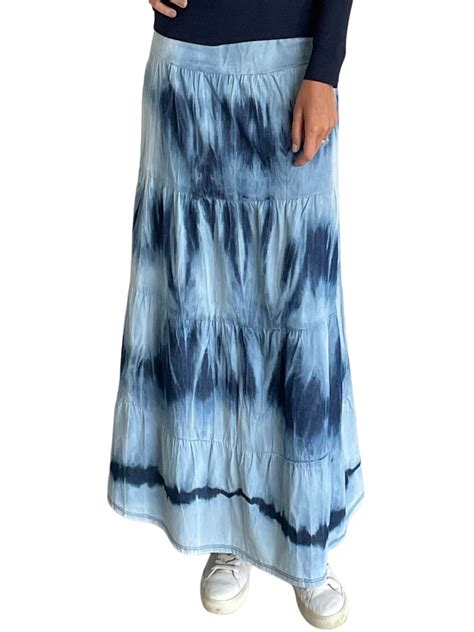 Womens Ankle Length Tie Dyed Tiered Long Denim Prairie Skirt Babyo