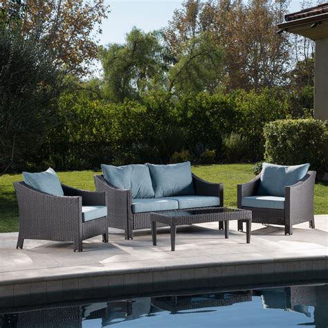 Noble House 4 Piece Wicker Patio Conversation Set With Teal Cushions