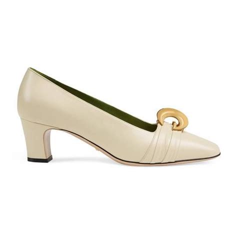 Leather Mid Heel Pump With Crystal G In Vintage White Leather Gucci