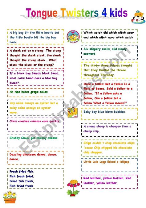 Tongue Twisters For Kids Esl Worksheet By Amaras