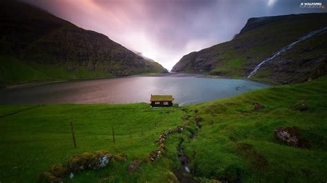 Lake Valley Denmark Waterfall Faroe Islands Mountains Great