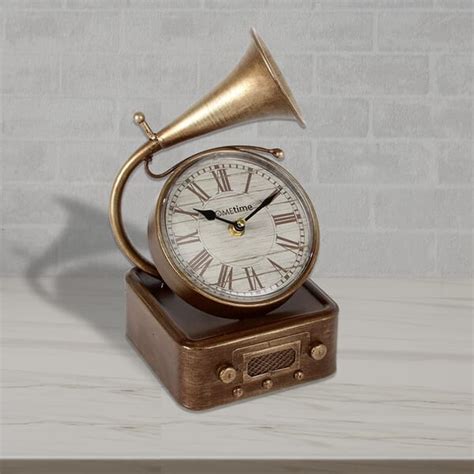 Hometime Vintage Inspired Metal Mantel Clock Gramophone Powered