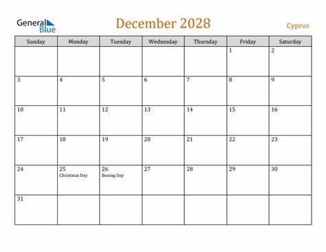 Free December 2028 Cyprus Calendar