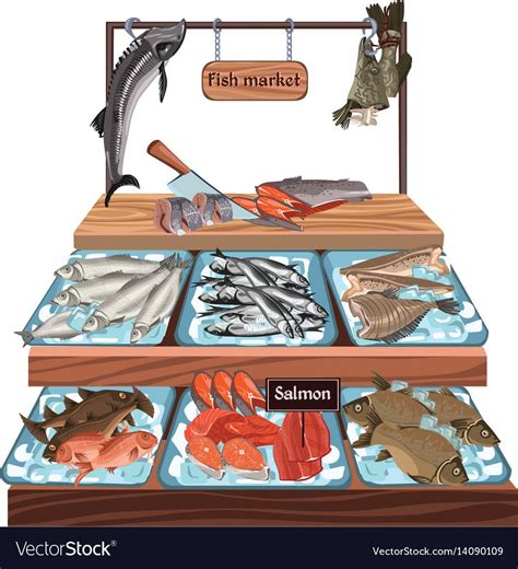 Sketch seafood market concept with herring trout carp ...