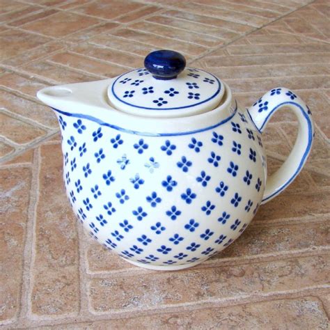 Boleslawiec Polish Pottery Blue White Flower Dot Teapot Tea Pot