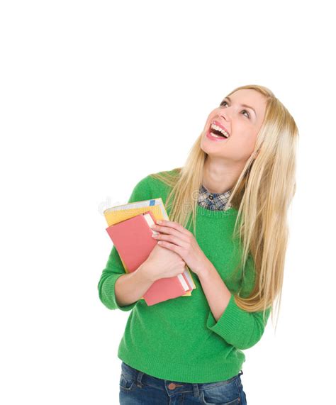 Smiling Student Girl Looking Up On Copy Space Stock Image Image Of
