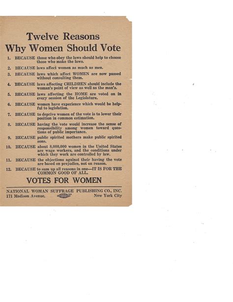 twelve reasons why women should vote “for the common good of all” suffrage pamphlets us handbill