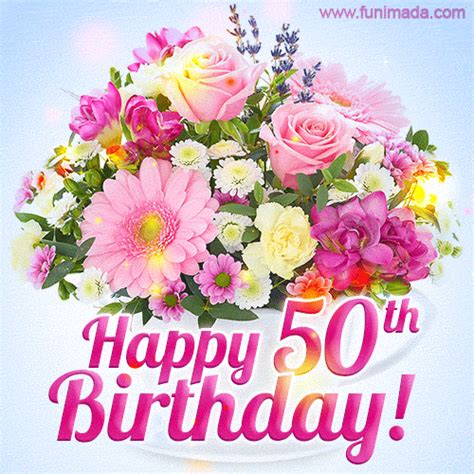 Happy 50th Birthday Greeting Card Beautiful Flowers And Flashing