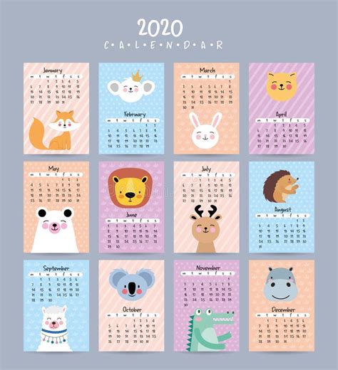 2020 Calendar With Cute Animals Vector Stock Vector Illustration Of