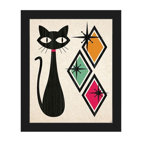 Mid Century Modern Cat Art Print With Diamonds Orange Etsy