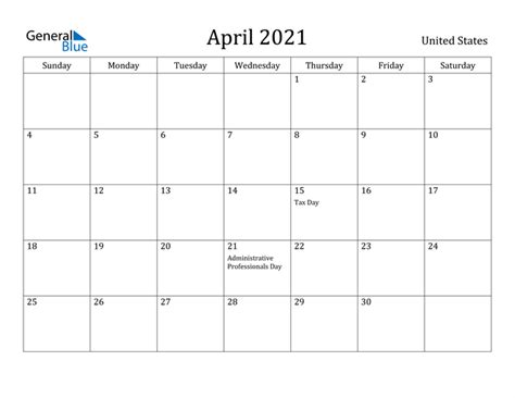 United States April 2021 Calendar With Holidays