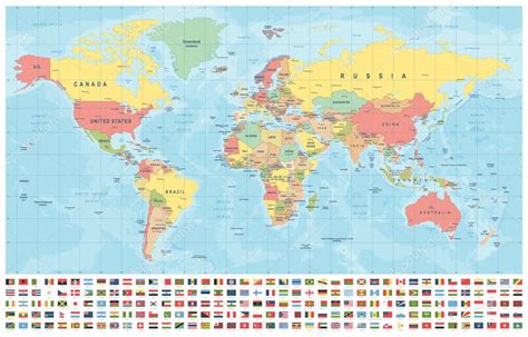 World Map Flags Borders Countries Cities Vintage Vector Illustration