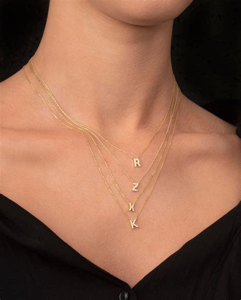 14k Solid Gold Diamond Initial Necklace Diamond Letter Etsy