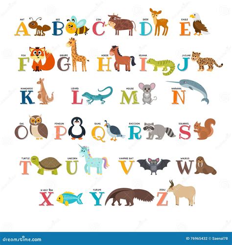 Cute Zoo Alphabet With Animals In Cartoon Style Stock Vector