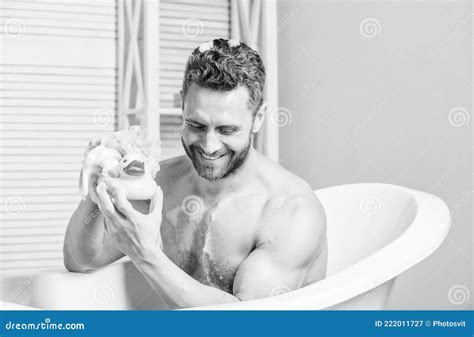 Handsome Muscular Man Relaxing Bathtub Warm Bath Concept Transform