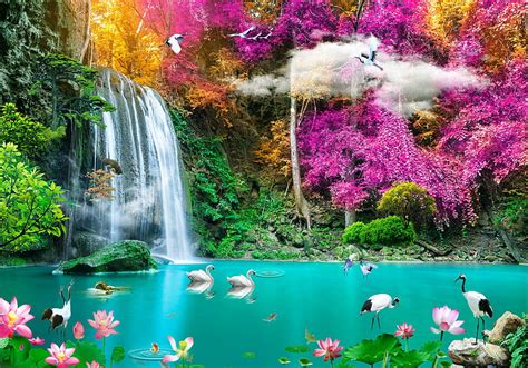 Waterfall In Paradise Exotic Lotos Paradise Waterfall Birds Trees