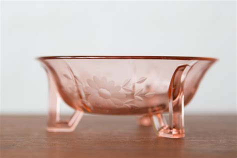 Antique Pink Glass Bowl 3 Legged Footed Vintage Depression Glass With Etched Floral Pattern
