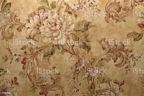 Closeup Of Beige Vintage Wallpaper With Floral Pattern