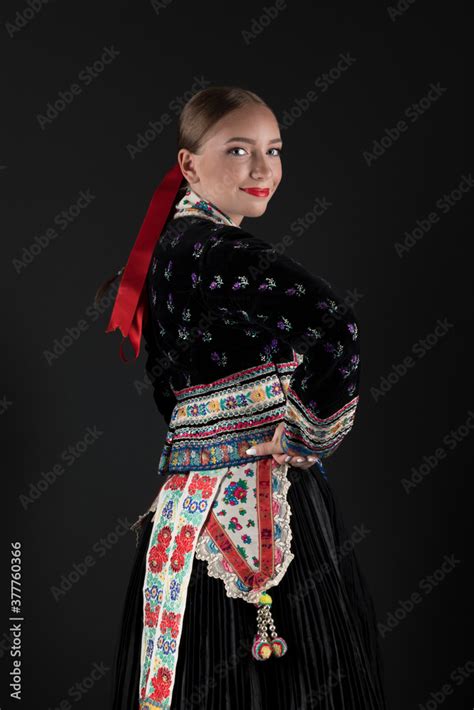 Beautiful Woman Wearing Traditional Eastern Europe Folk Costumes Slovak Folk Costumes Stock