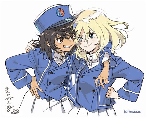 Safebooru 2girls Andou Girls Und Panzer Arm Around Neck Artist Name Bangs Bc Freedom Emblem