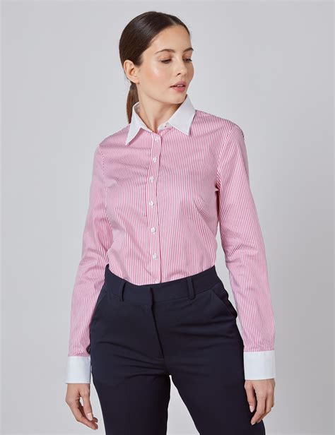 Womens Executive Rose And White Stripe Semi Fitted Shirt Single Cuff Hawes And Curtis
