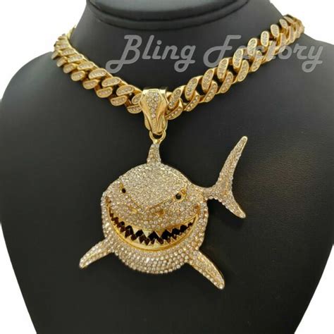 6ix9ine Iced Shark And 69 Pendant And 18 Iced Cuban And 1 Row Chain Bling