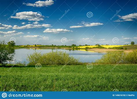 Agricultural Landscape With Pond Rolling Hills Stock Photo Image Of