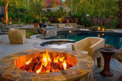 inground fire pit contemporary pool cheap backyard landscaping rock landscape hot tub deck of