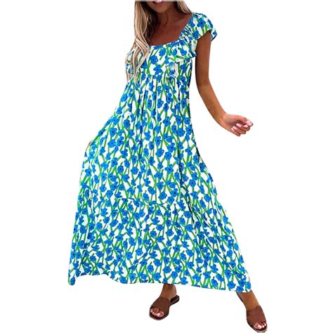 Maxi Dress For Women Summer Floral Square Neck Ruffle Sleeveless Casual