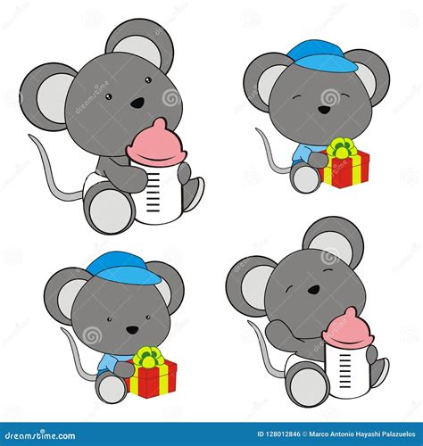 Cute Baby Mouse Cartoon Feeding Bottle Collection Stock Vector