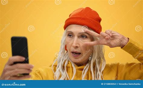 Happy Woman Taking Selfie Indoors Old Lady Waving Hand Phone Camera In