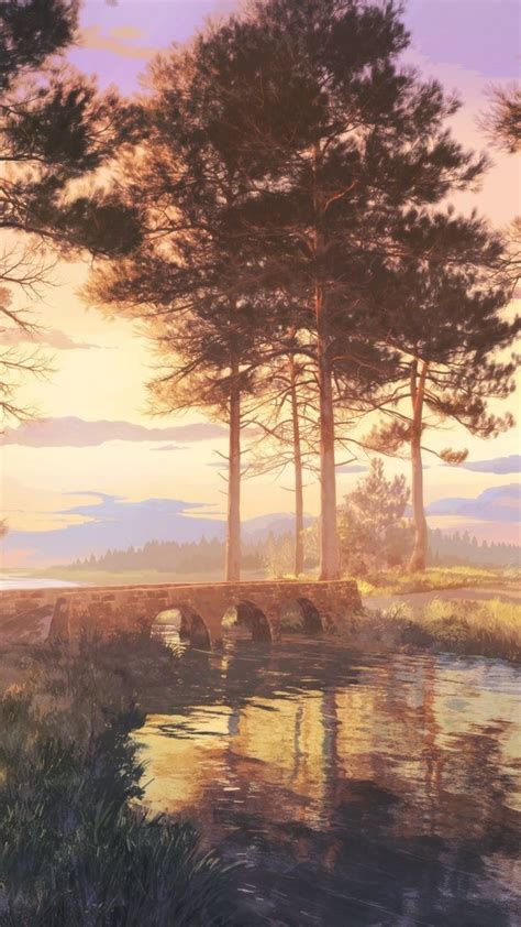 Download 1080x1920 Anime Landscape Stream Scenic Trees Sunbeam