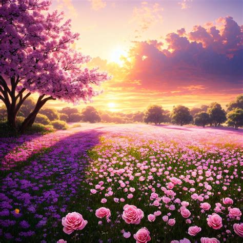 Premium Ai Image A Painting Of A Field With Pink Roses And A Tree