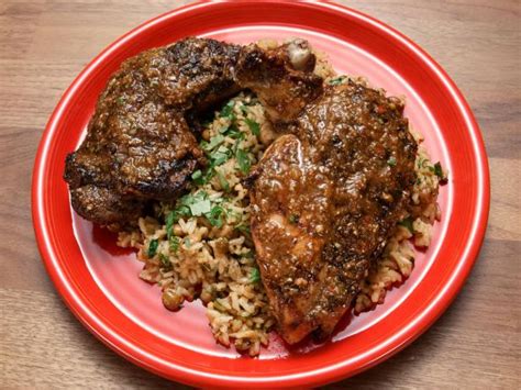 Grilled Jerk Style Chicken And Coconut Rice Pilaf With Peas Recipe Anne Burrell Food Network