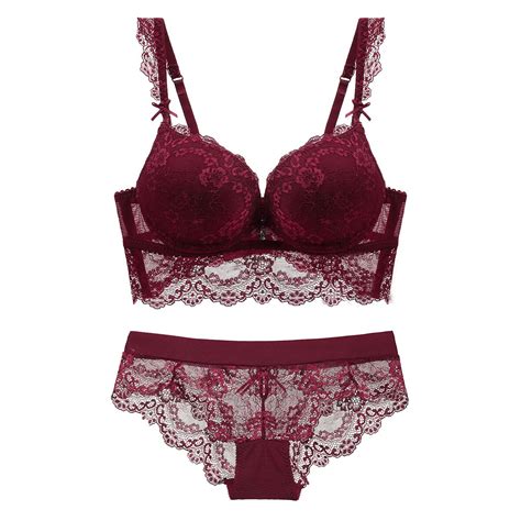 sexy lingerie sheer hollow lace lacy bra and panty set padded 1 cup push up underwire bras for