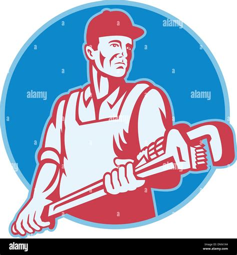 Retro Illustration Of A Plumber Worker Carrying A Giant Adjustable