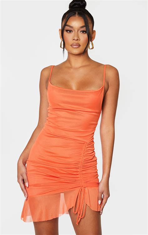 bright orange strappy mesh ruched bodycon dress prettylittlething aus