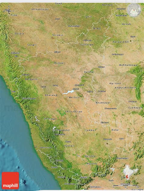 Karnataka political powerpoint maps highlighting the state outline. Satellite 3D Map of Karnataka