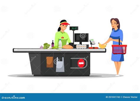 Woman Paying For Food At Supermarket Checkout Cashier In Apron Waiting